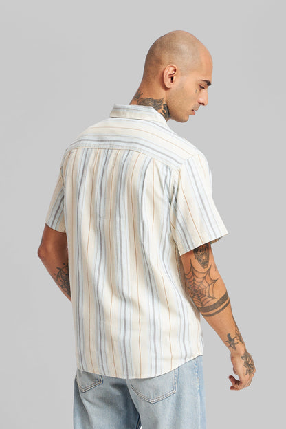 Blue Striped Textured Cuban Collar Shirt