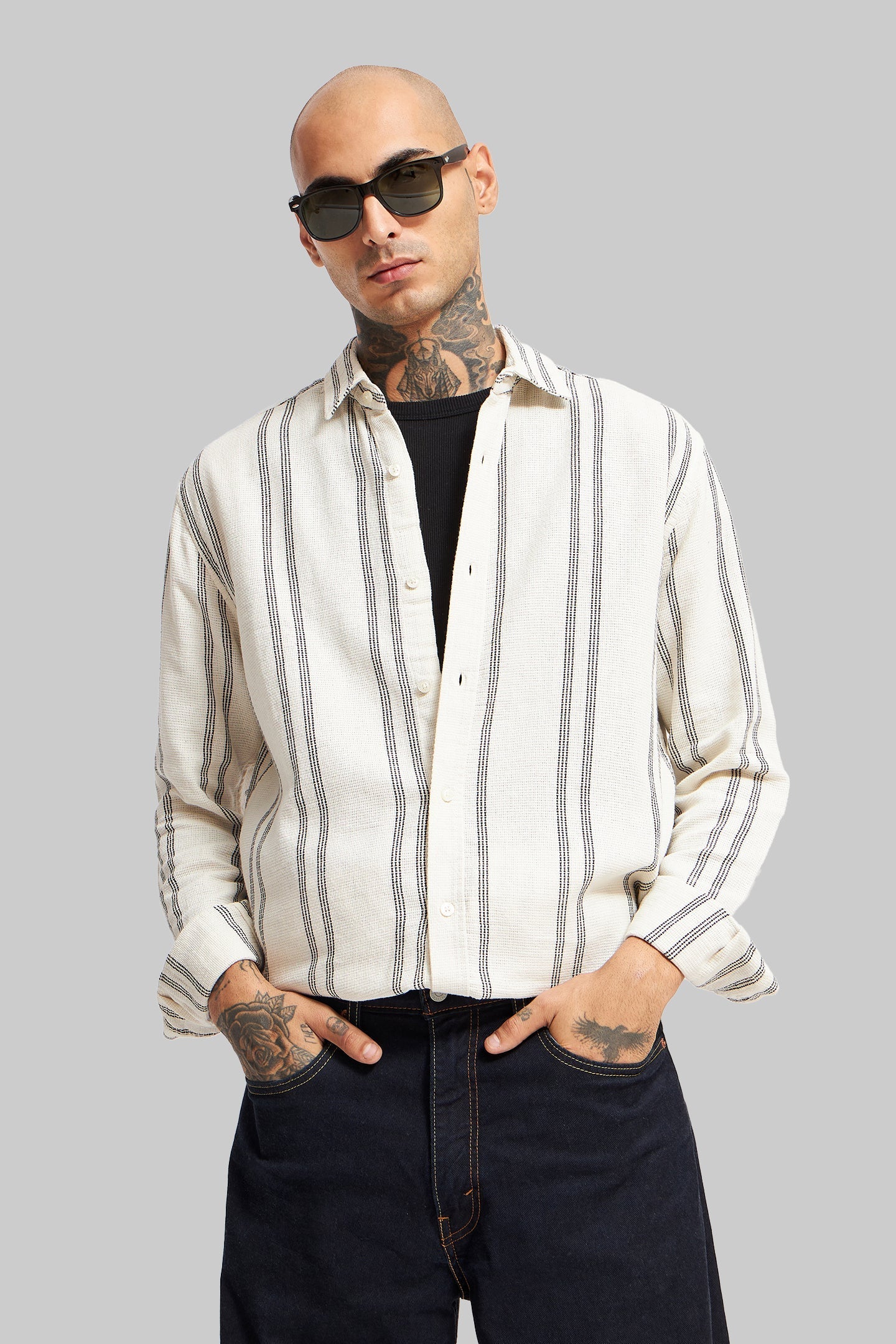 Off White Striped Textured Shirt
