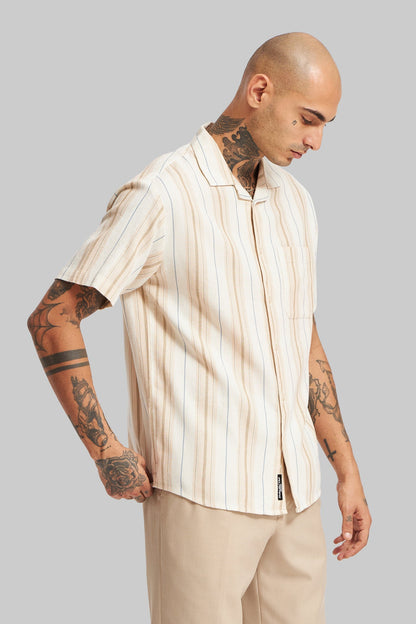 Beige Striped Textured Cuban Collar Shirt