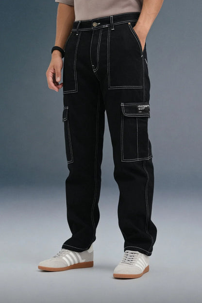 Black 6-Pocket Cargo Jeans for Men - Mid Rise Regular Fit