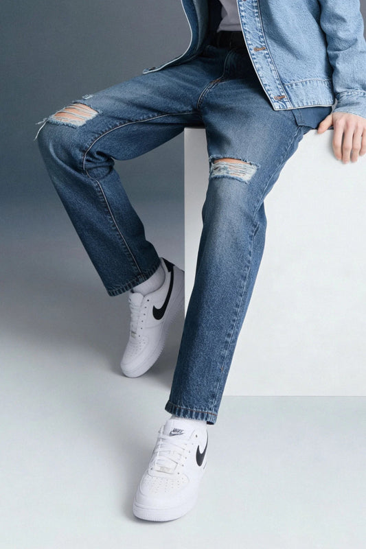 Dark Blue Mid Rise Distressed Men's Relaxed Jeans