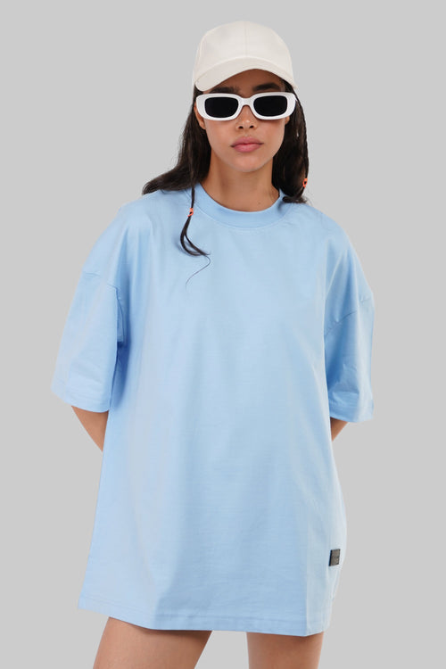 Solid Powder Blue Half Sleeves T-Shirt For Women Baggy Fit